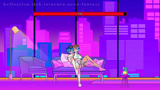 Cute Anime Girls Entwined in Neon-Lit Lustful Embrace