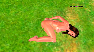 Cute 3D anime girl pleasures herself outdoors with cucumber fantasy fun