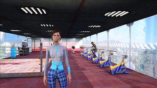 Brunette Fox in Fallout 4 Armor Teases Muscular Guy at Neon-Lit Gym