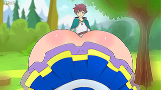 Aqua Teases Kazuma With Flirty Moves Short Skirt Fun in Wild Hentai Spoof